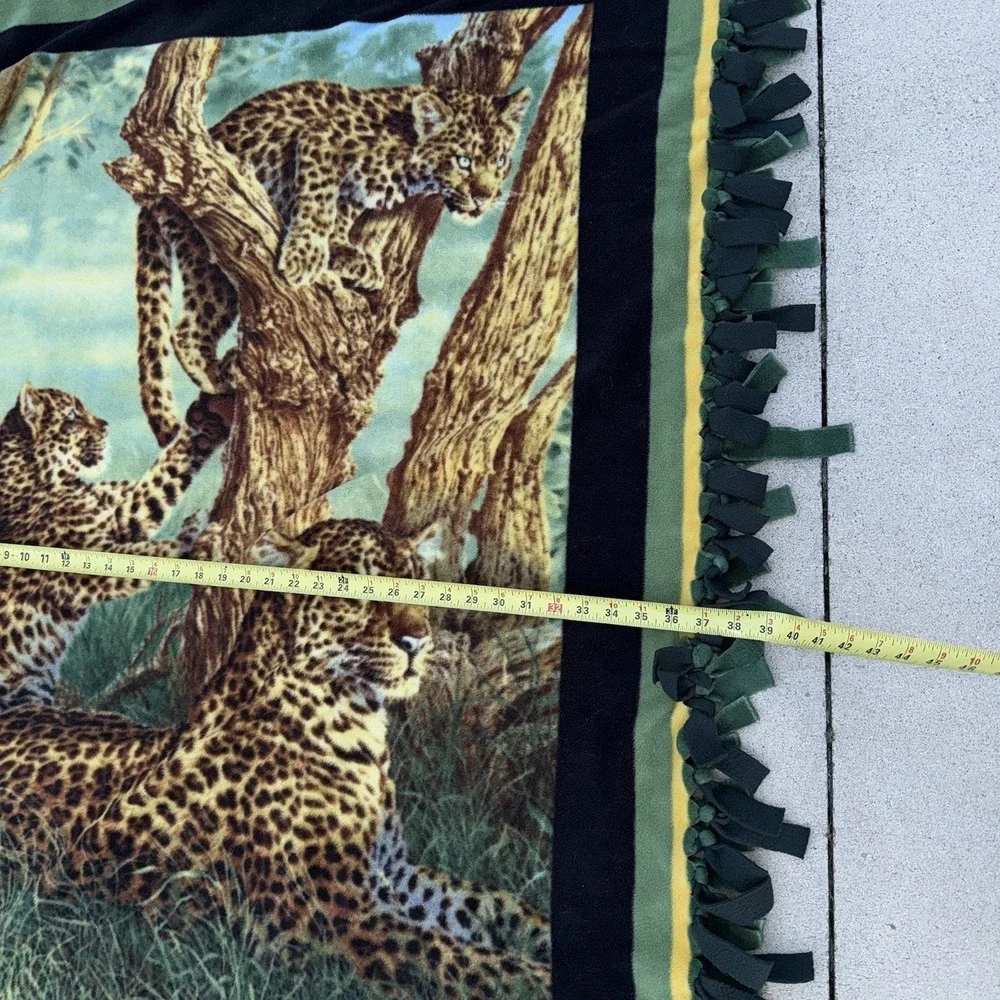 Leopard Family Wildlife Fleece Tie Blanket Handmade Throw 42x50 Green Black